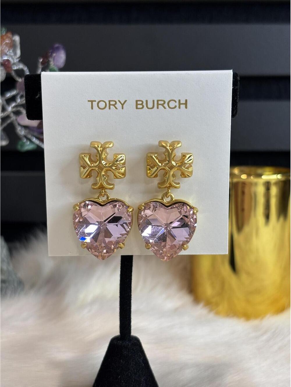 Tory Burch Gold Tone and Pink Crystal Heart Drop Earrings